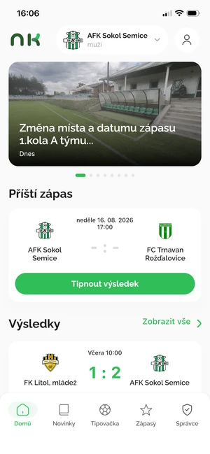 Domovská obrazovka aplikace Náš Klub – novinka z klubu, příští zápas s tlačítkem Tipnout výsledek a poslední výsledky