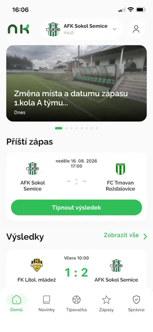 Domovská obrazovka aplikace Náš Klub – novinka z klubu, příští zápas s tlačítkem Tipnout výsledek a poslední výsledky