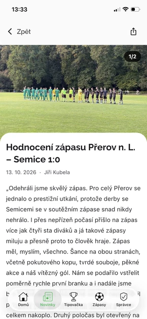 Novinka v aplikaci Náš Klub – hodnocení zápasu s fotkou týmu a textem