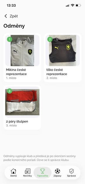Odměny tipovačky v aplikaci Náš Klub – mikina, tílko a štulpny za první tři místa