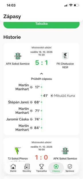 Výsledek zápasu 5:1 v aplikaci Náš Klub s průběhem zápasu a střelci gólů
