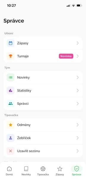 Záložka Správce v aplikaci Náš Klub – zápasy, turnaje, novinky, statistiky a nastavení tipovačky