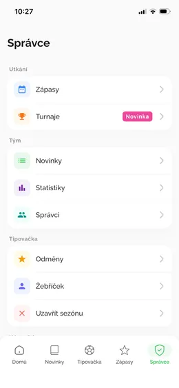 Záložka Správce v aplikaci Náš Klub – zápasy, turnaje, novinky, statistiky a nastavení tipovačky
