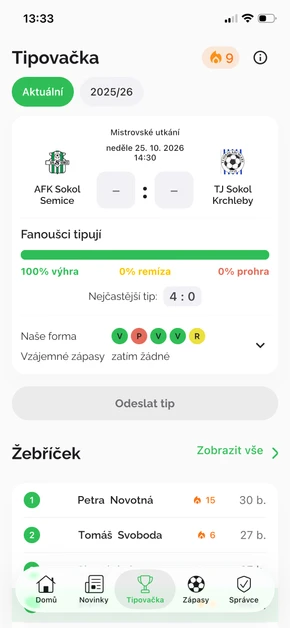 Tipovačka v aplikaci Náš Klub – tip na výsledek, jak tipují ostatní fanoušci a forma týmu