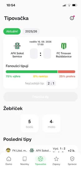 Obrazovka Tipovačka v aplikaci Náš Klub – tip na výsledek zápasu a přehled, jak tipují ostatní fanoušci