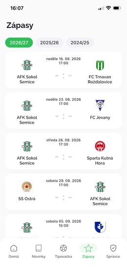 Obrazovka Zápasy v aplikaci Náš Klub – rozpis nadcházejících utkání